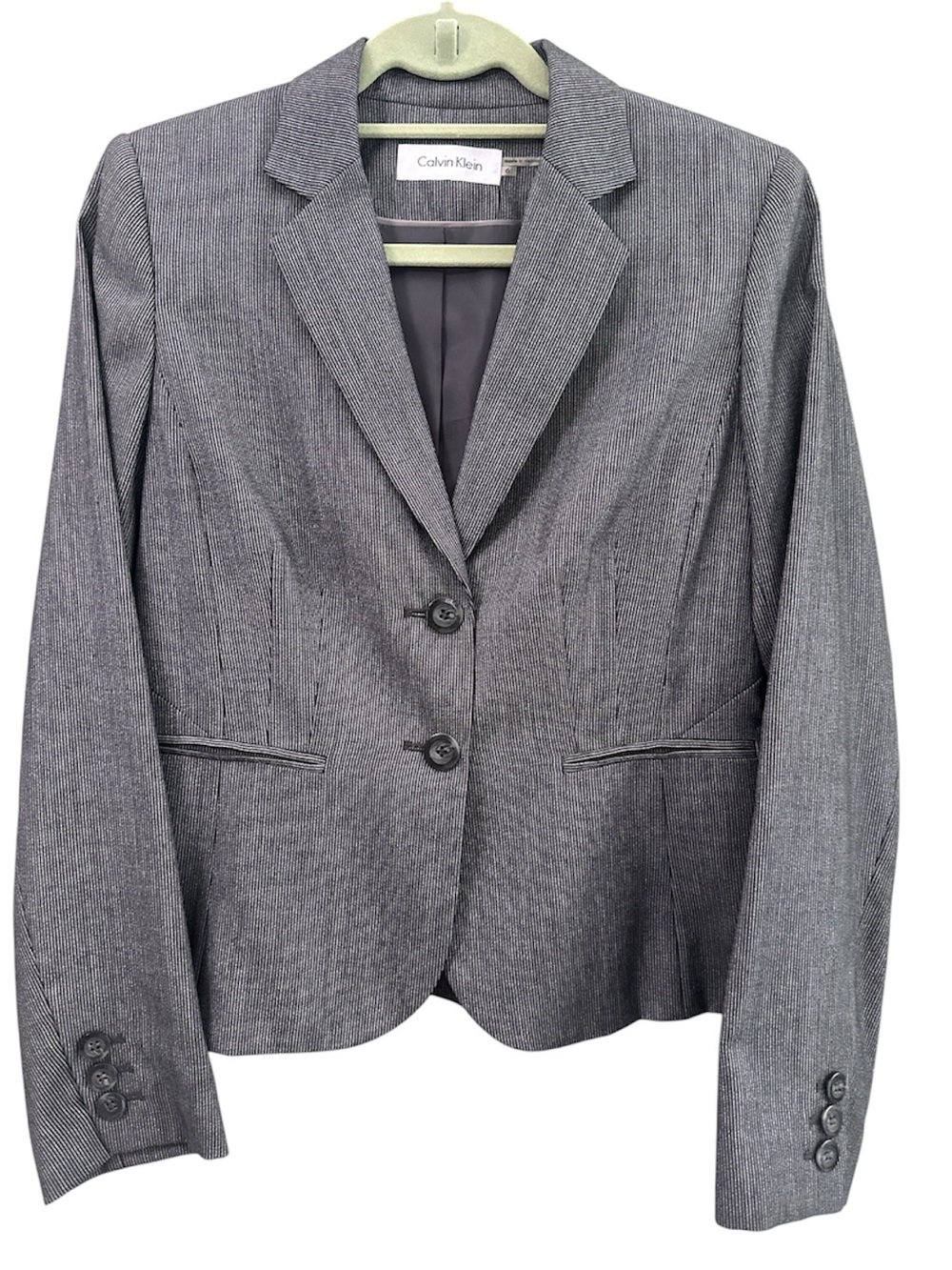Calvin Klein Women's Gray Pinstripe Two-Button Blazer Size 6